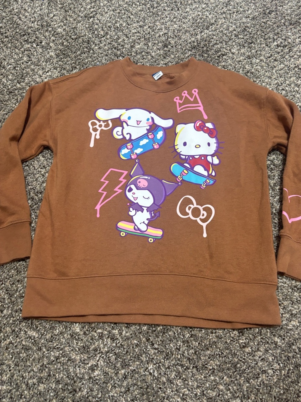 Hello Kitty Brown Sweatshirt with Pink & Purple Skateboard Characters